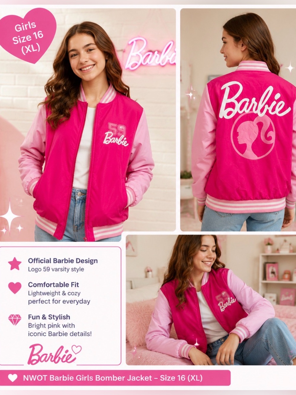 NWOT Barbie Girls Bomber Jacket, Logo 59 Zip-Up Varsity Jacket - Size 16 (XL)